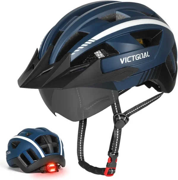 Kask rowerowy VICTGOAL rozmiar M z goglami magnetycznymi LED granatowy