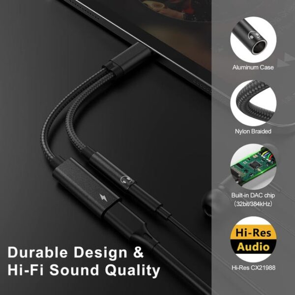 Adapter USB-C na jack 3,5 mm i USB-C przejściówka audio ładowanie 2w1