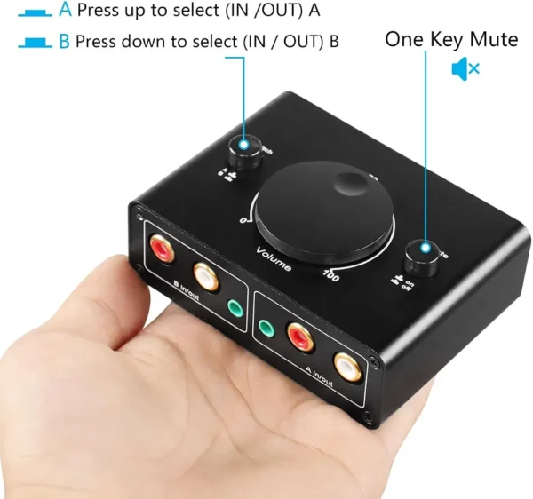 Przełącznik audio 2 wejścia RCA AUX 3,5 mm regulator głośności A/B