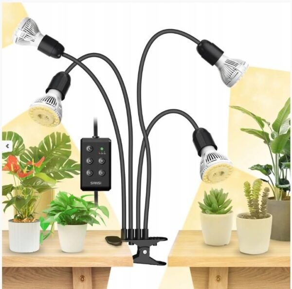 Lampa LED do Roślin SANSI 40W 4 Żarówki E27 Full Spectrum Timer 4/8/12h Klips