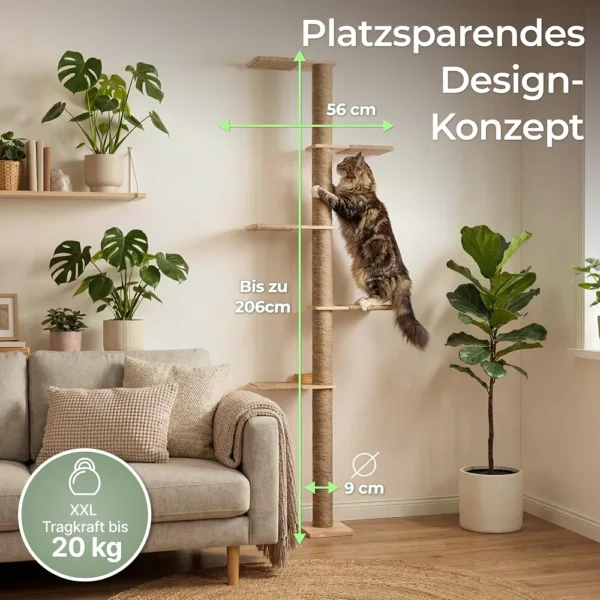 Ścienny drapak dla kota XXL 206 cm - naturalny sznurek jutowy, stabilny i oszczędzający miejsce