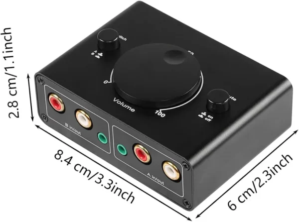Przełącznik audio 2 wejścia RCA AUX 3,5 mm regulator głośności A/B
