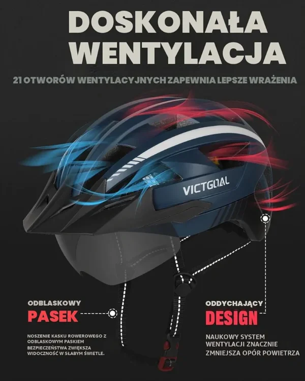 Kask rowerowy VICTGOAL rozmiar M z goglami magnetycznymi LED granatowy