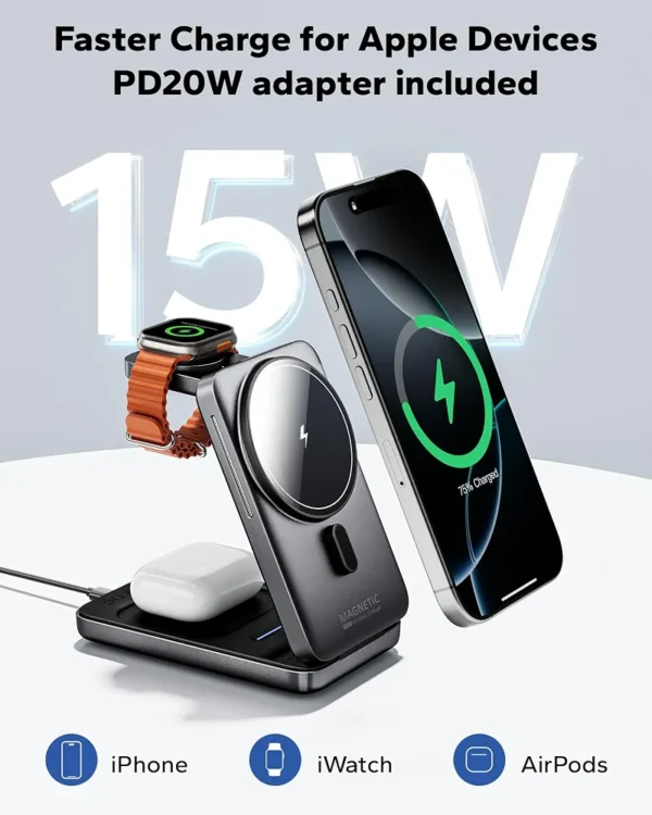 Ładowarka indukcyjna KPON 3w1 MagSafe 15W do telefonu zegarka słuchawek