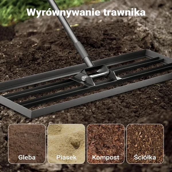 Grabie do wyrównywania trawnika 45x25 cm niwelator terenu gleby z trzonkiem