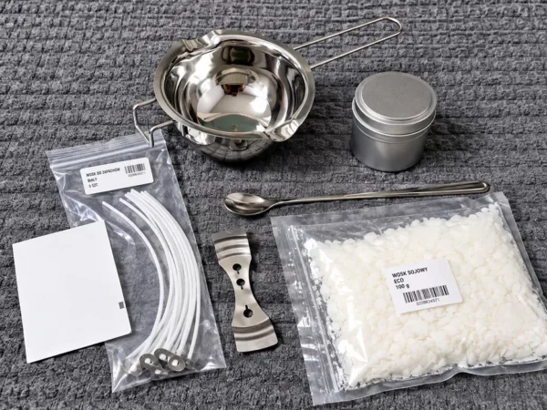 Zestaw do robienia świec DIY wosk sojowy 100g 10 knotów tygielek akcesoria