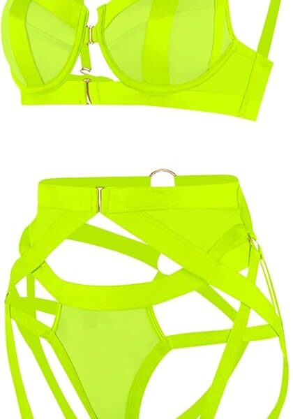 Komplet bielizny damskiej neonowy zielony L biustonosz figi paski harness