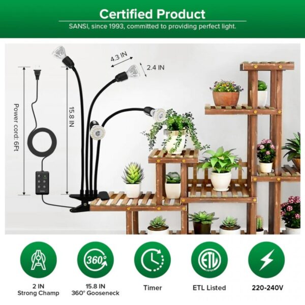 Lampa LED do Roślin SANSI 40W 4 Żarówki E27 Full Spectrum Timer 4/8/12h Klips
