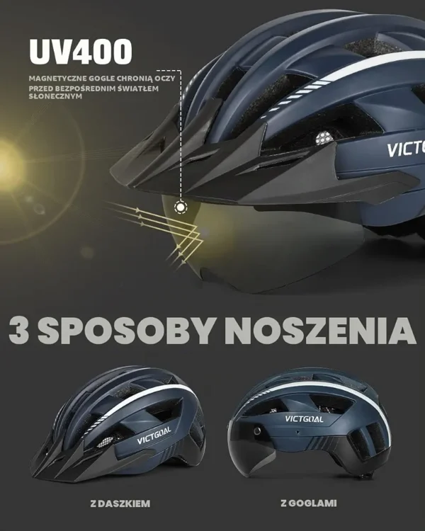 Kask rowerowy VICTGOAL rozmiar M z goglami magnetycznymi LED granatowy