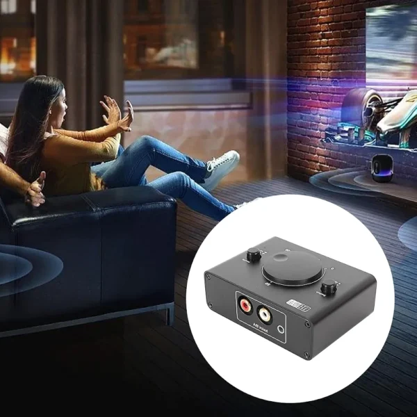 Przełącznik audio 2 wejścia RCA AUX 3,5 mm regulator głośności A/B